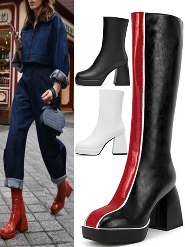 

woman Square heel square toe boots leather chunky heel celebrity catwalk boots woman leather Patchwork color chunky, As photo
