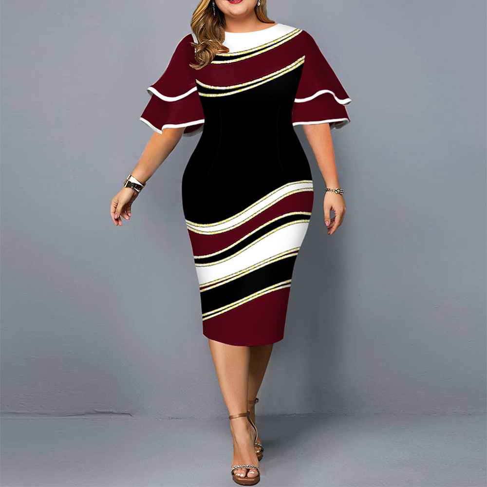 

Plus Size Dresses Women Dress Elegant Geometric Print Evening Party Dress Casual Layered Bell Sleeve Office Bodycon Club Outfits -5XL, Check red