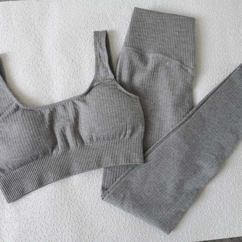 

New Color Gray Ribbed Seamless Set 2 Piece Set Workout Clothes for Women Sports Wear Gym Clothing Athletic Yoga, Light gray