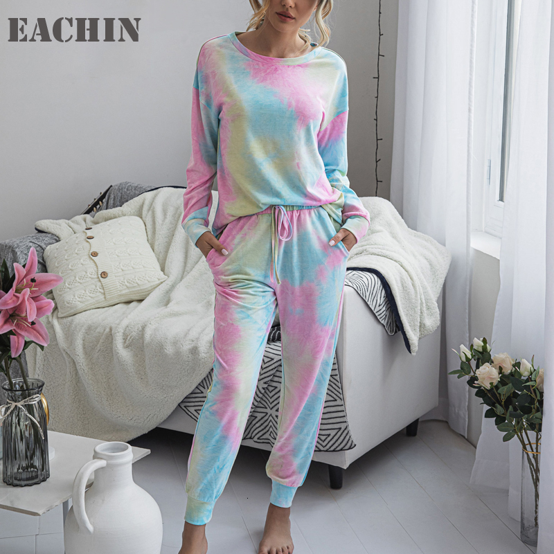 

Eachin 2021 Female Sets Tie Dye Upper Shirt Cordon Pants Train Two Loungewear Ensemble Sshx, Pink blue