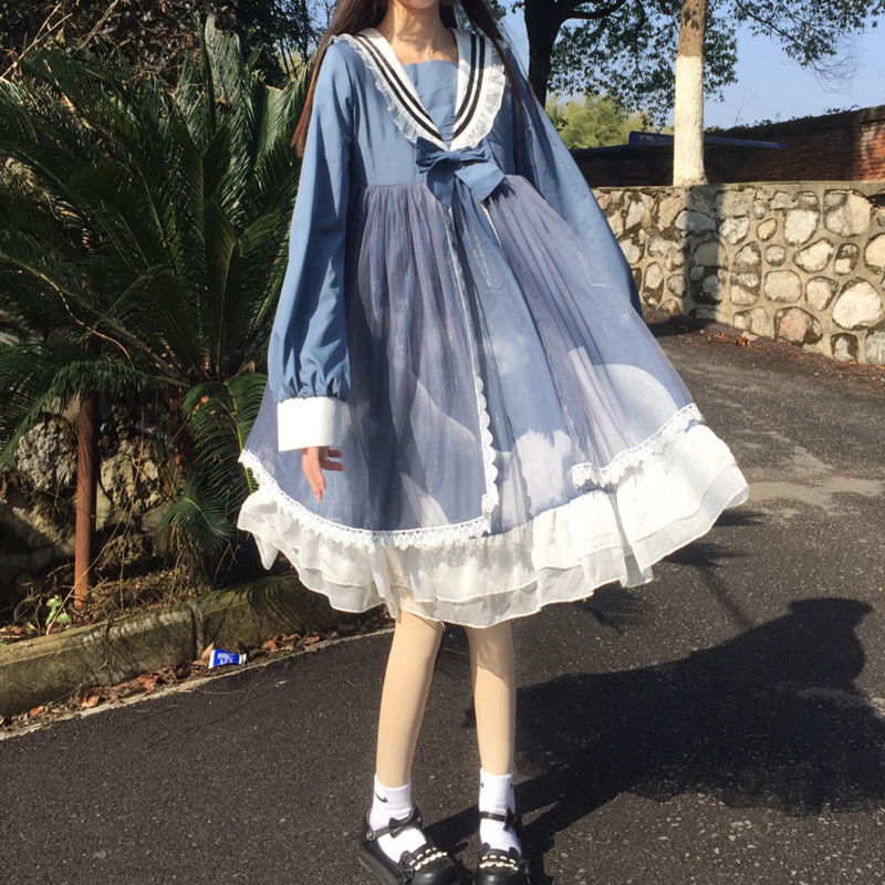 

2021 New Japanese Lolita Women Elegant Sweet Kawaii Party Casual Patchwork Korean Autumn Women's Clothing W9eq, Blue dress