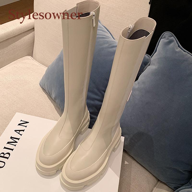 

Thick-soled Fabric Long-tube Fashion Woman Knight Boots Genuine Leather Pointed Toe Side Zip Height Increasing White Winter Boot