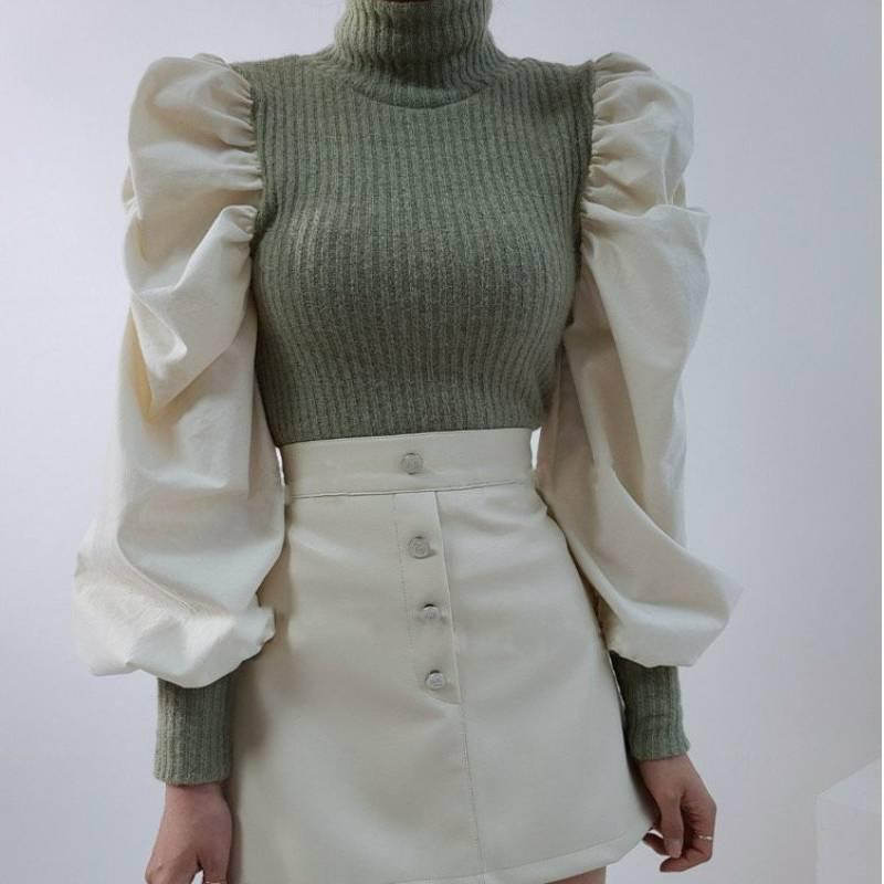 

Autumn Chic Puff Sleeve Pullovers French Style All-match Turtleneck Knitted Patchwork Tops Fake Two Piece Sweaters, Black