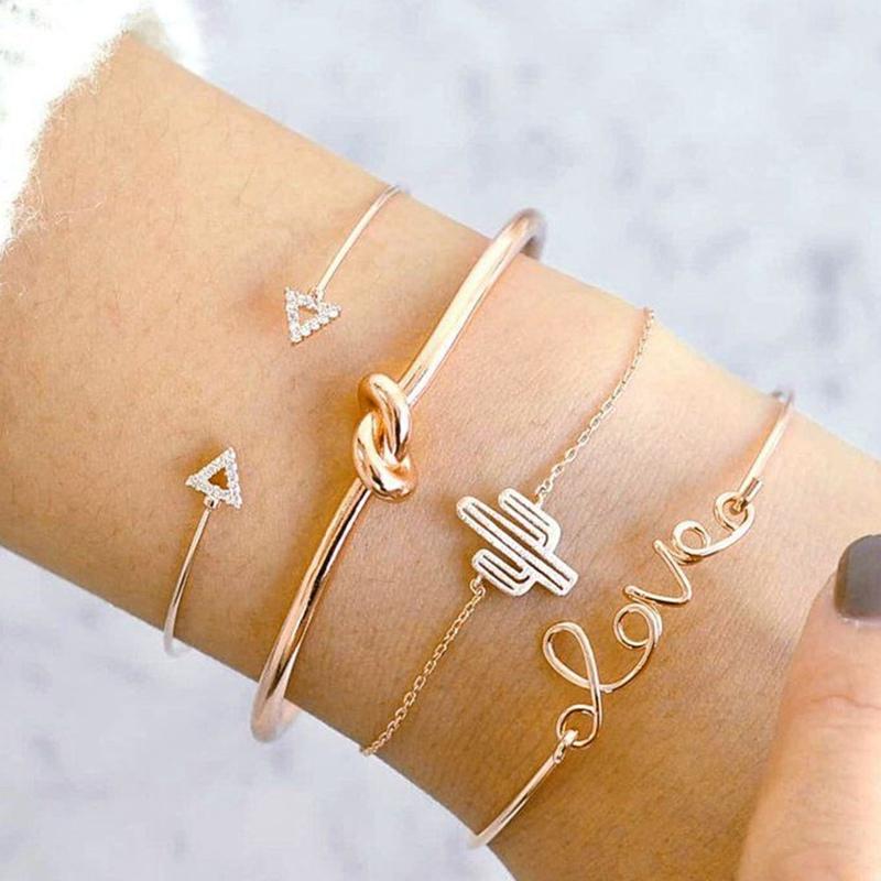 

4Pcs/set Simple Leaves Triangle Love Cactus Knot Charm Bracelets For Women Girl Gold Color Adjustable Chain Bracelet Pulseras