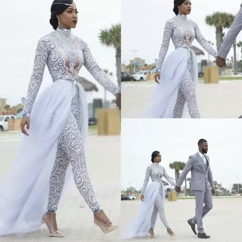 

2022 Wedding Dress Gorgeous Jumpsuits With Detachable Train High Neck Beads Crystal Long Sleeves Modest Dresses African Bridal Gowns, Gold