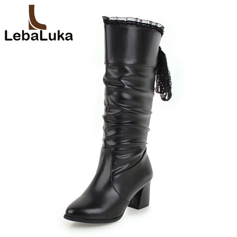 

Tuyoki Size 33-43 High Heel Women Boots Mid Calf Lace Up Ruffles Winter Shoes Woman Half Short Warm Fur Boots Ladies Shoes, Black