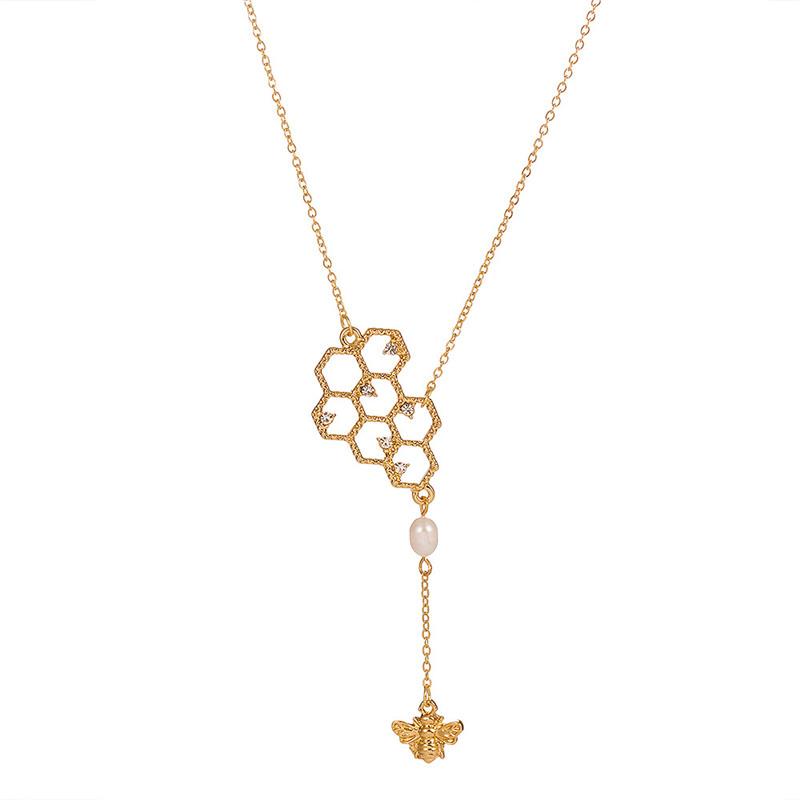 

Fashion Bee Gold Color Necklace Pendant For Women Honey Honeycomb Crystal Pearl Necklace gifts