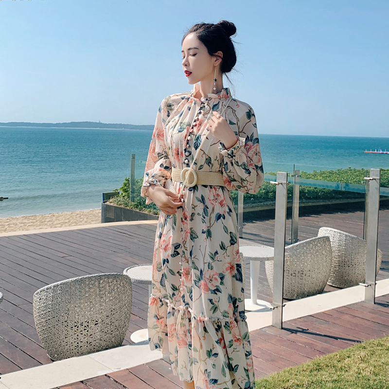 

Woman Dressed As Tracks 2021 New Floral Autumn Printed Single-breasted Long Sleeves Elegant Party Vintage Track Dress Ii84, Picture color