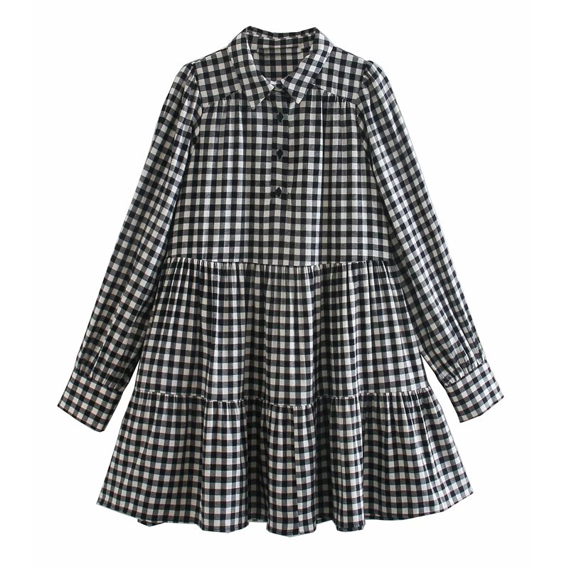

New Black White Plaid Mini Women 2021 Ruched Ruffle Long Sleeve Woman Dress Vintage Button Up Casual Female Dresse Jxuo
