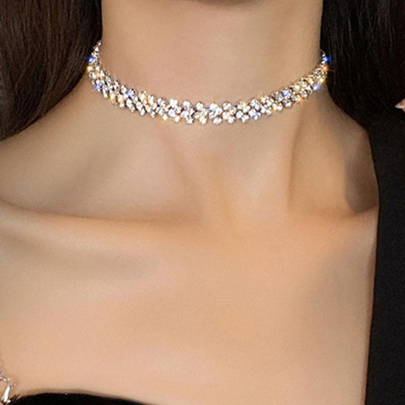 

Sparkle Rhinestone Alloy Choker Geometric Design Multi Row Inlaid Rhinestone Necklace Women Eye Catching Elegant Banquet Jewelry