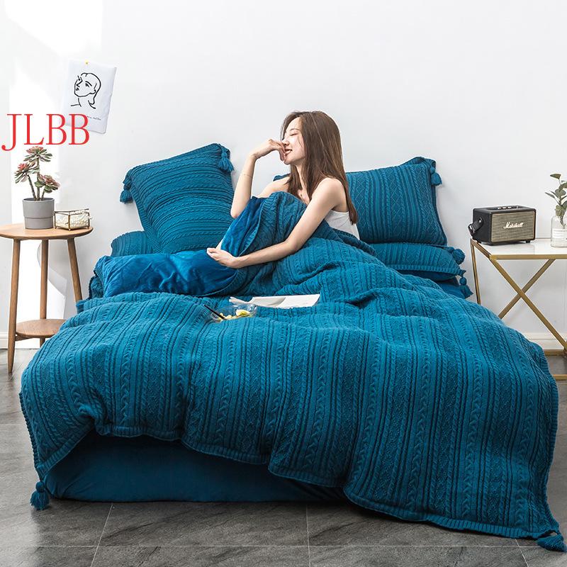 

Knitting wool Bedding set warm winter sheet pillowcase&duvet cover set crystal flannel Fleece thinken bedclothes ball bed linen, Fruit green