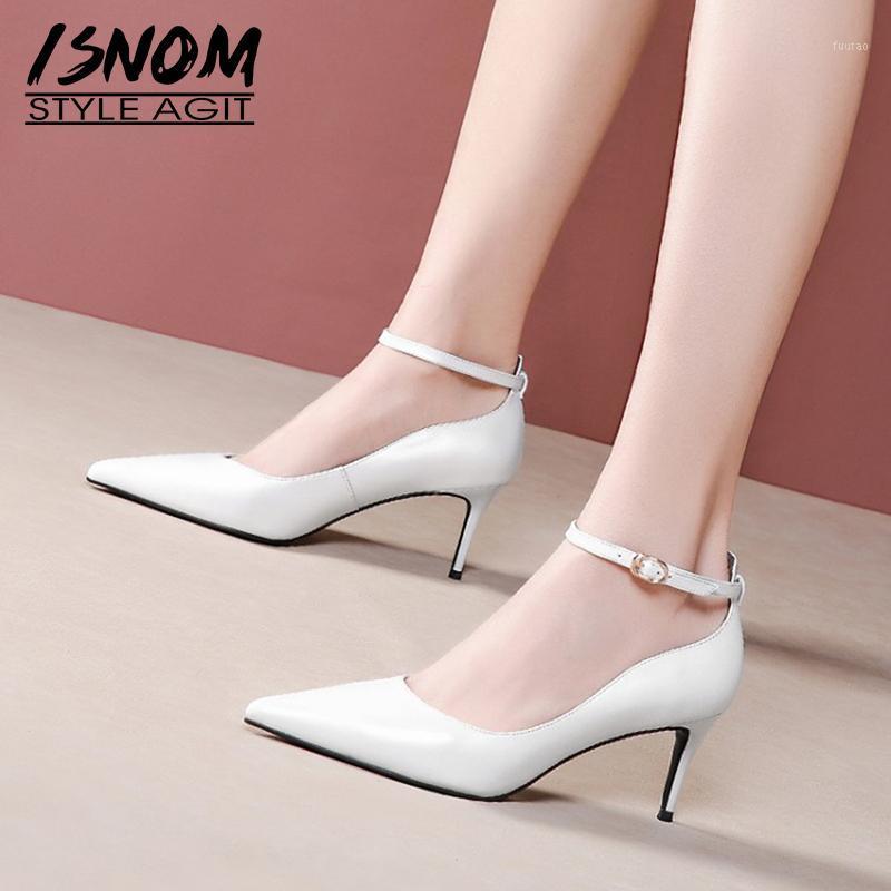 

ISNOM Genuine Leather Pumps Women Ankle Strap Pointed Toe Thin High Heels Shoes Woman Stilettos Pumps Ladies Shoes1, Black
