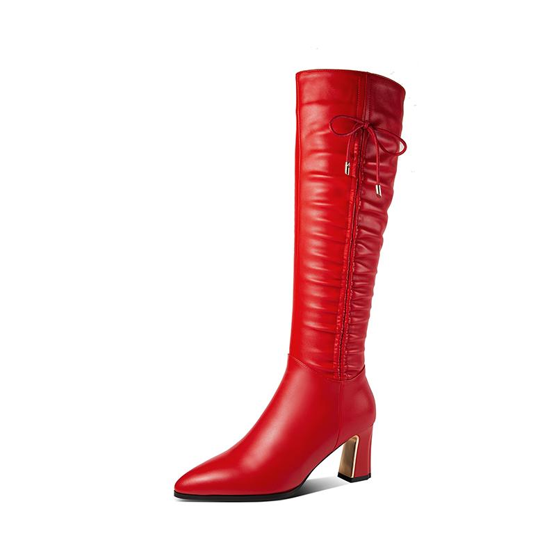 

Genuine Leather Boots Women Knee High Boots High Heel Winter Fashion Sexy Woman Long Black Red Zipper Shoes