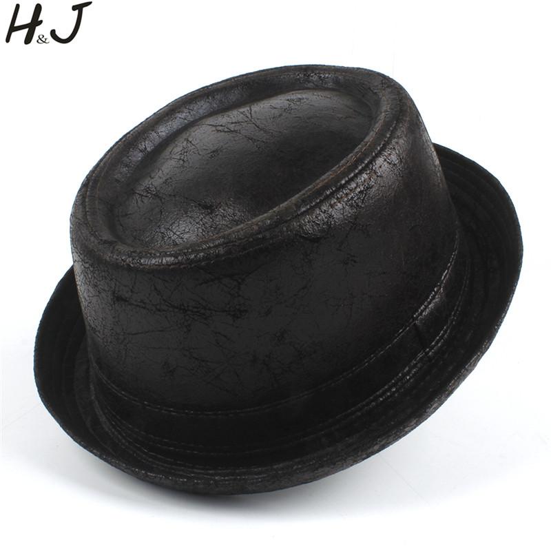

Vintage Leather pork pie Fedora Hat Men Boater Flat Top Hat For Gentleman Bowler Gambler Top Big Size Dropshipping, Coffee 58-59cm