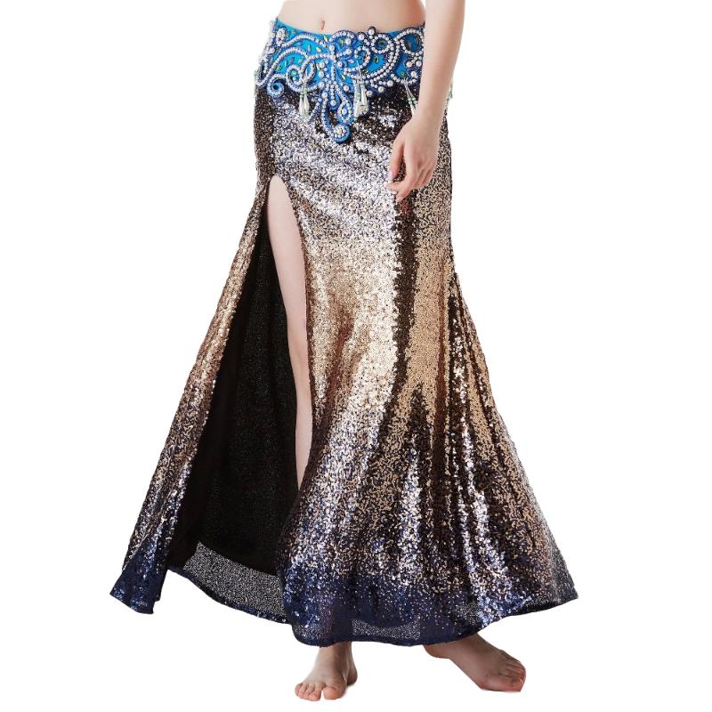 

Color Gradient 2021 Women Dance Costume Accessories Long Maxi Skirts Side Split Shinny Sequins Belly Dance Skirt Stretchy, Red color gradient