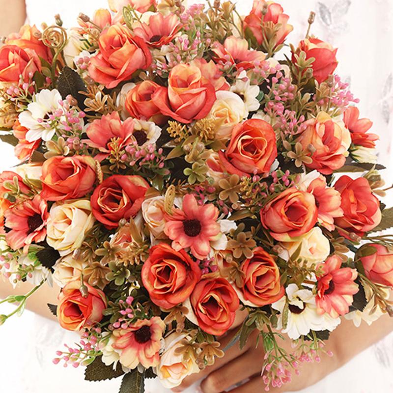 

1 Bunch Artificial Flowers Bouquet Small Rose Daisy Wedding Party Home Office Table DIY Christmas Decor Flowers Rose Gifts, As shown