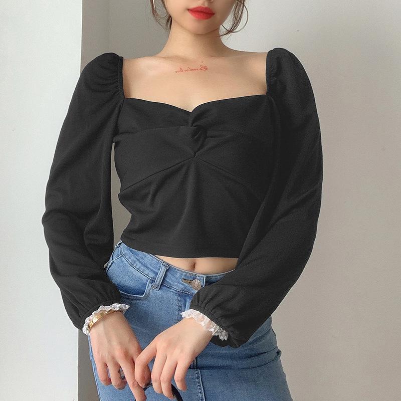 

Women Autumn Clothes Blouse Solid-Color Pleated Square-Collar Long-Sleeves Crop Top with Lace Cuffs for Girls, Black