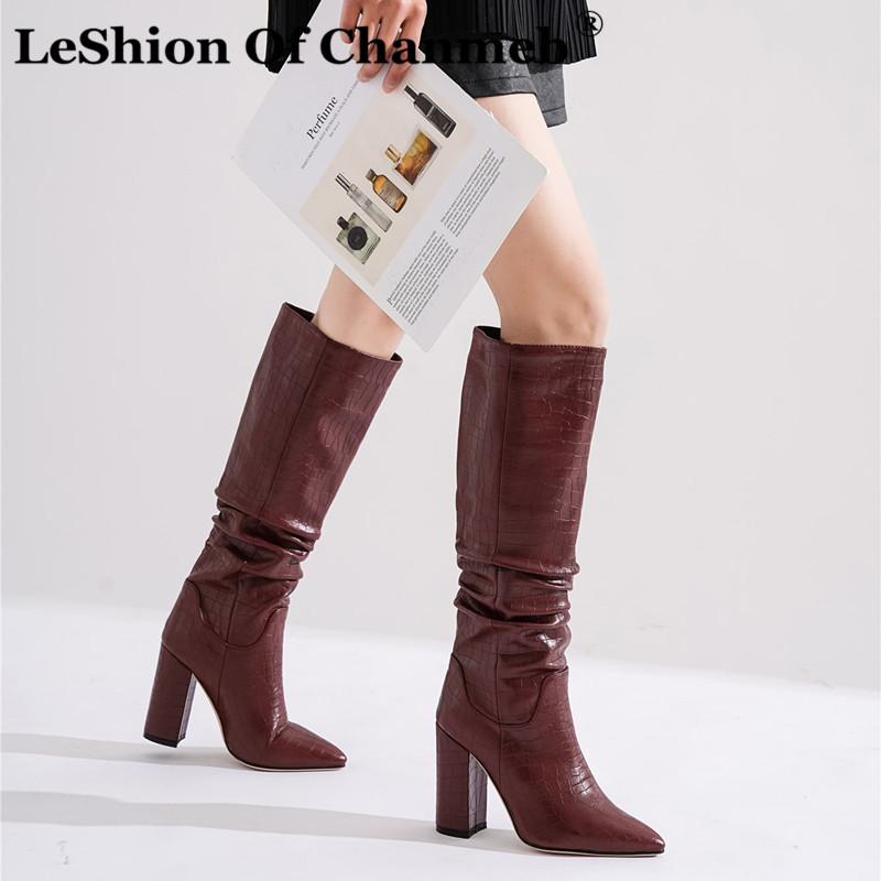 

LeShion Of Chanmeb Plus Size 34-43 New Brand Women Boots Thick High Heels Autumn Winter Cowboy Western Knee High Boot Women Shoe, Black boots