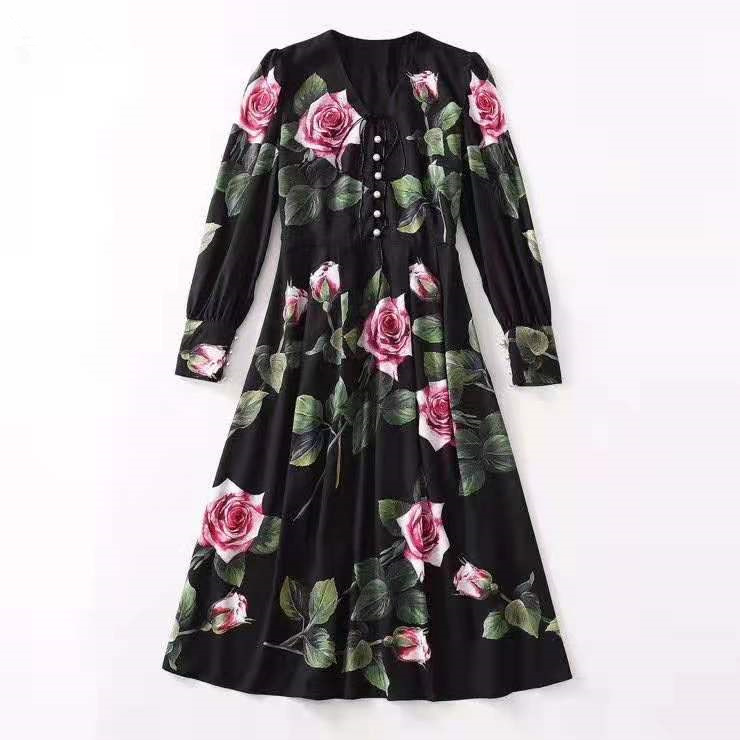 

European and American women' clothing 2021 New Style for Spring Long sleeved V-neck rose print Fashion dress, Black