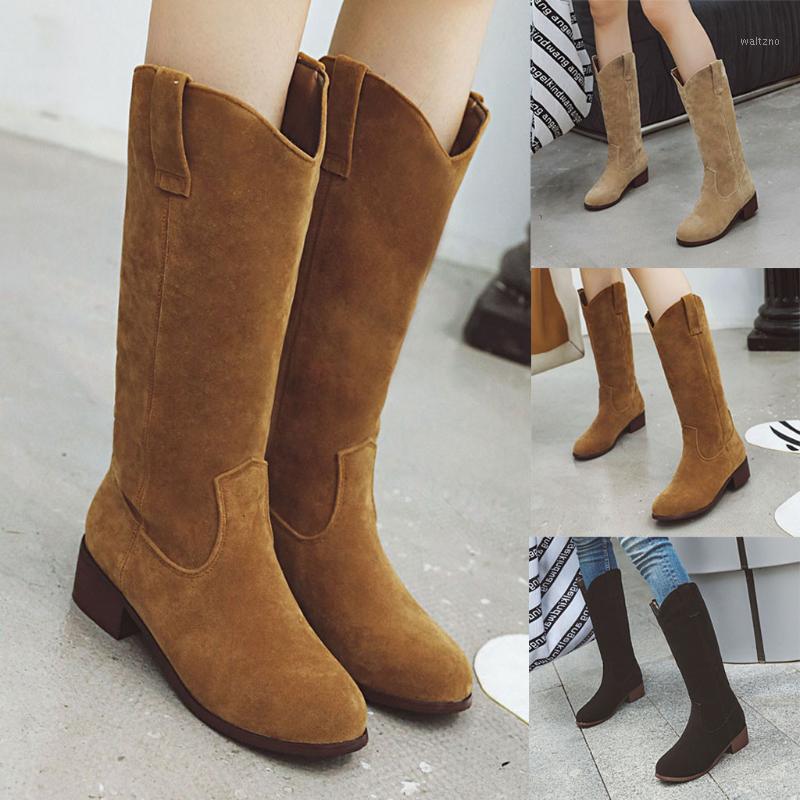 

Chunky Heels Vintage Women Boots Fashion Women Autumn Winter Boots Classic Fashion Pure Color Round Toe Slip-on 20211, Beige