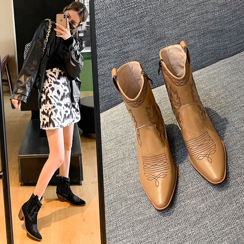 

2020 Women Western Fall Winter Solid Ankle Pointed Cowboy Cowgirl Motorcycle Boots to Women's Platform Shoes Zr3r, Black