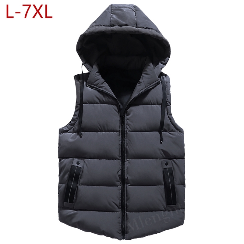 

New Arrival Winter Men Plus Large Size 7XL Vest Hat Detachable Sleeveless Jackets Warm Parka for Men Unisex Waistcoat Unloading 201114, Black men vest