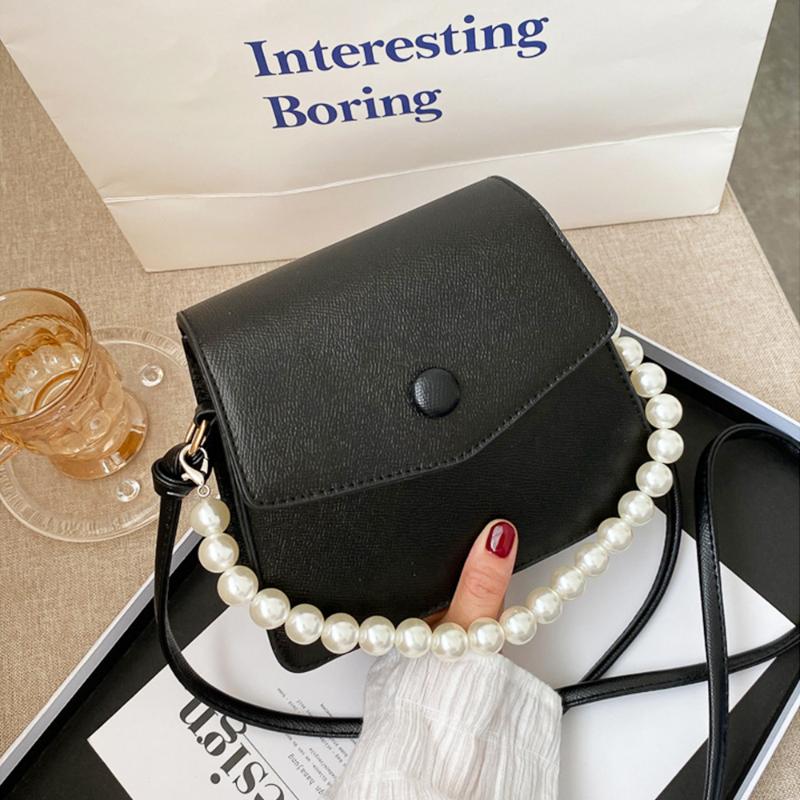 

Handbags For Women With Pearl Chain Soft PU Leather Solid Color Designer Bags Mini Luxury Crossbody Shoulder Bag New Shopping, White