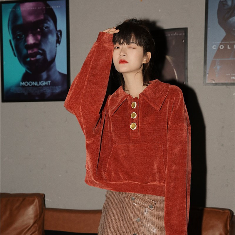 

2021 New Moda Outono Camisola Para As Mulheres Novo Inverno Retro Hoodie Chenille Macio Curto Jumpers Flanela Legal Streetwear VSCG, Orange