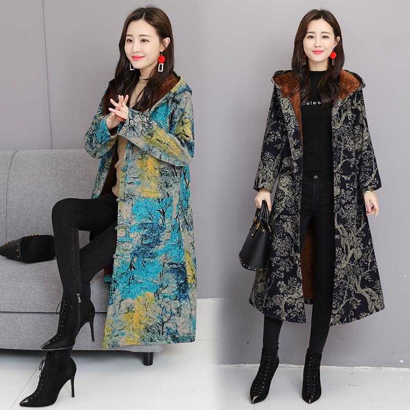 

2020 New Winter Jackets Female Retro Buckle National Wind Long Plus Cotton Velvet Thickening Hooded Parkas Coat Lady Windbreaker, 01