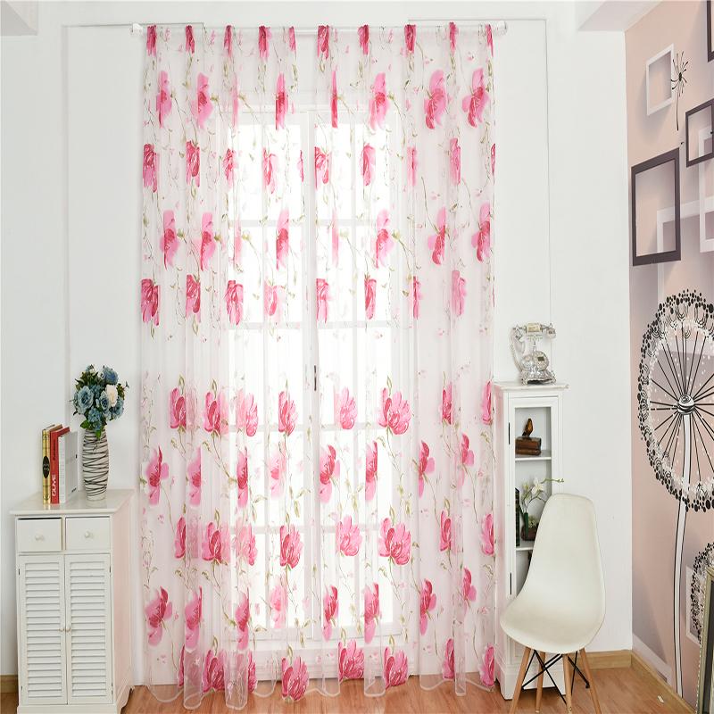 

6 colors Printed flower Pattern Sun-shading Curtains Sheer Voile Tulle for Living Room Bedroom Balcony Kitchen Window decoration, Red