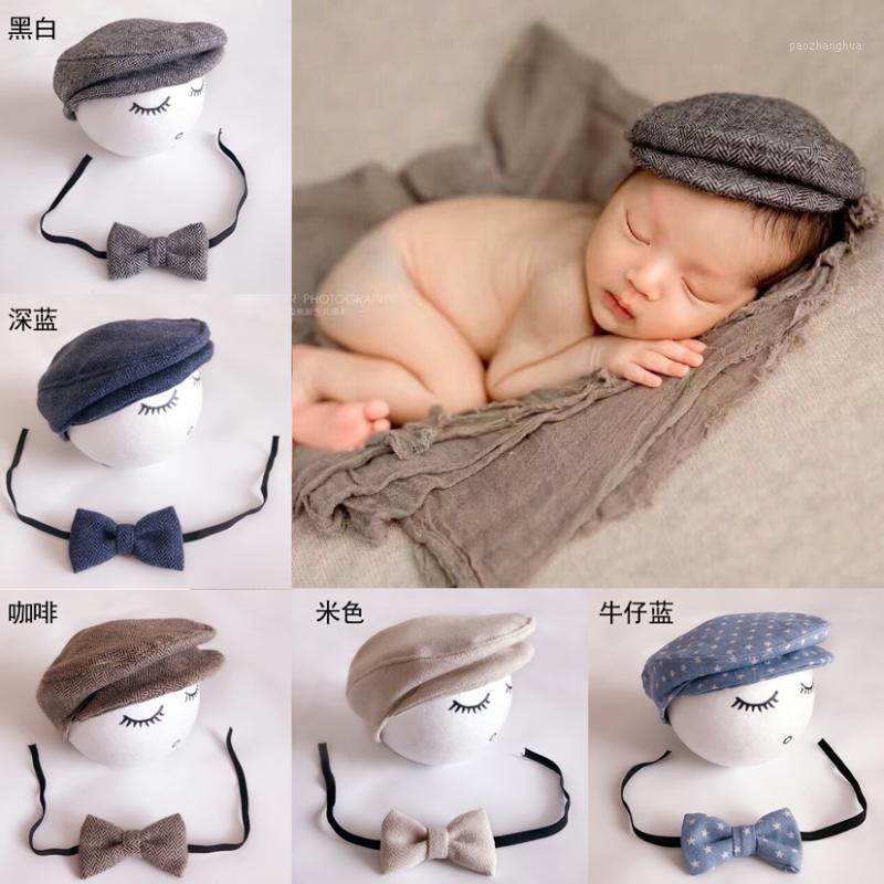

newborn photography prop newborn infant Baby boy hats+ tie set striped beret gentleman Cap Bow Tie Set baby cap photo props 0-1M1, Khaki