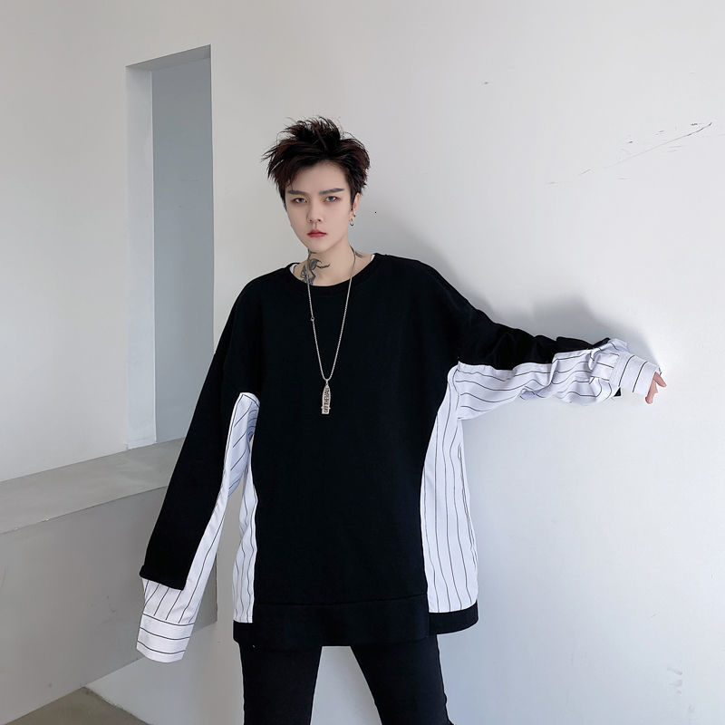 

2021 New Men's Casual Oversize Striped Sweatshirt Woman Long Sleeve Korean Streetwear Hoodies Male Clothing Hip Hop 02f6, Black