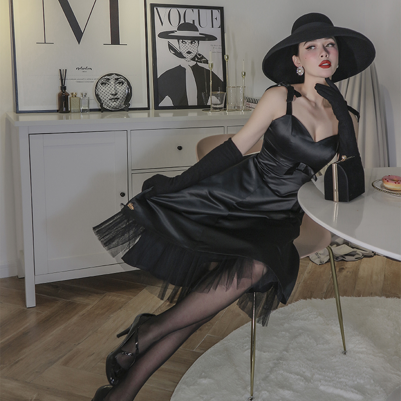 

2021 New Le Palais Original Vintage Casual Stylish Lace Waistbands Spaghetti Straps Black Prom Dress Women IY1E