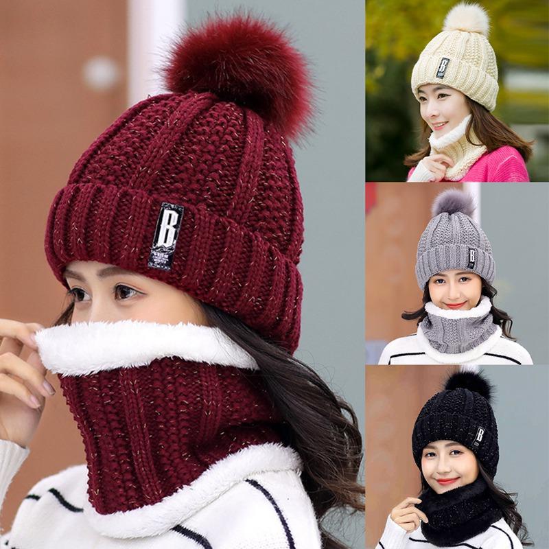 

Letters Knitted Hat Women Brand High Quality Winter Ball Ski Fur Pom Poms Hats Scarf Beanie/Skull Caps, Blue;gray