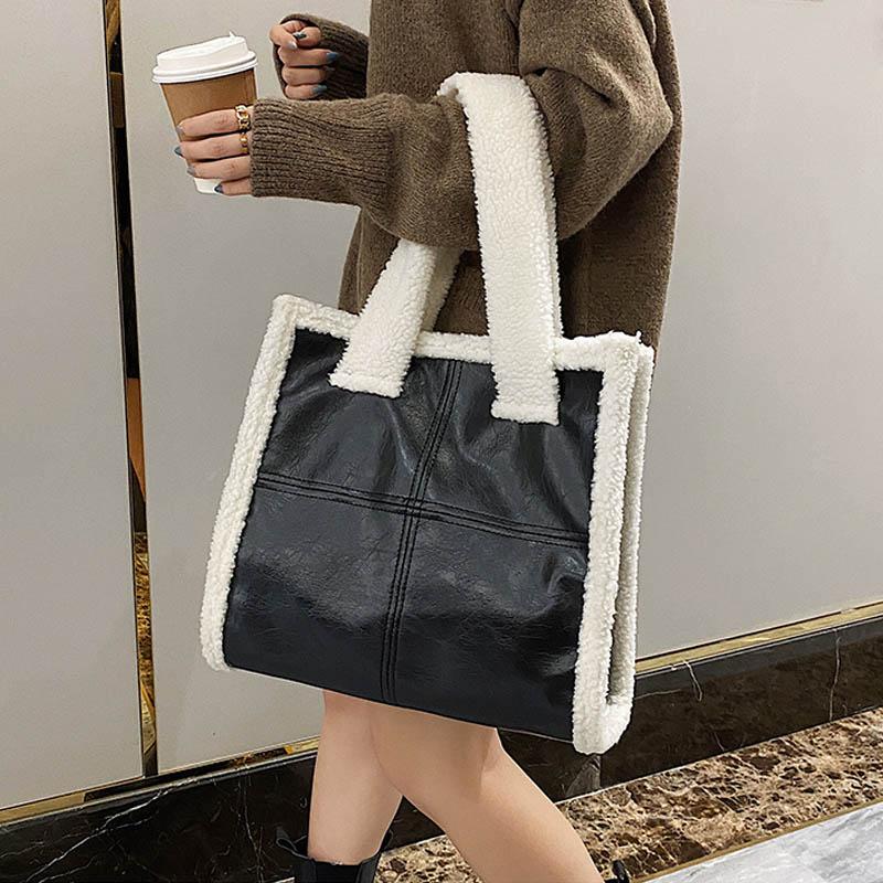 

Women Totes Bag Large Capacity Shopper Purse Faux Woolen Winter Leather Shoulder Bags For Women 2021 Daily Totes Fashion Girls, Black shoulder bag
