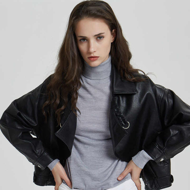 

2021 New the Women' Vintage Loose Street Biker Woman' Only Breasted Leather Jacket From Outerwear E59I, Black
