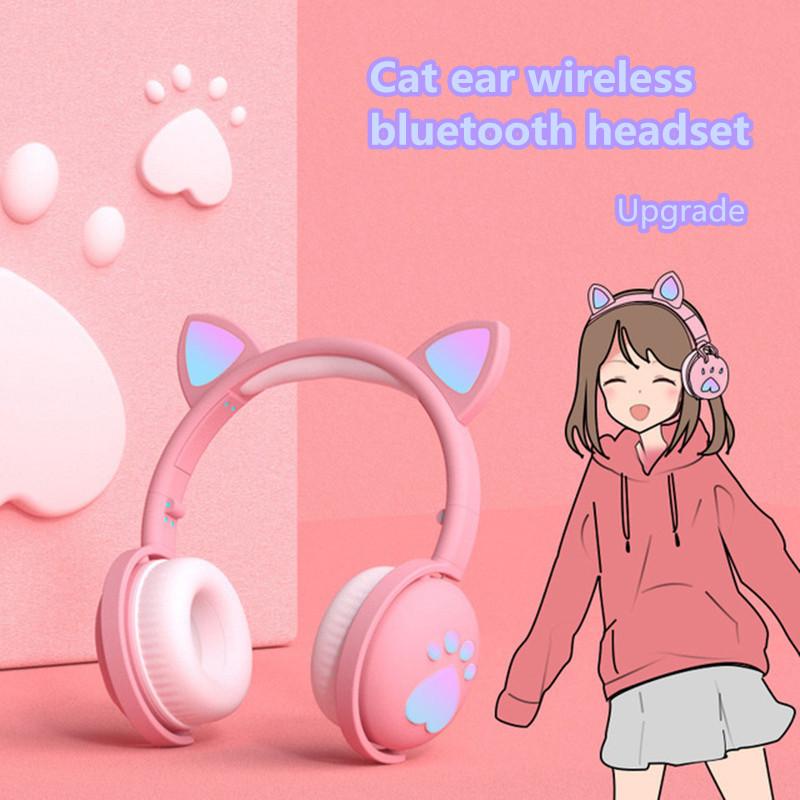 

New Arrival cute head-mounted wireless bluetooth cat ear cat claw cartoon headset with mic LED light music HiFi upgrade headset, Black