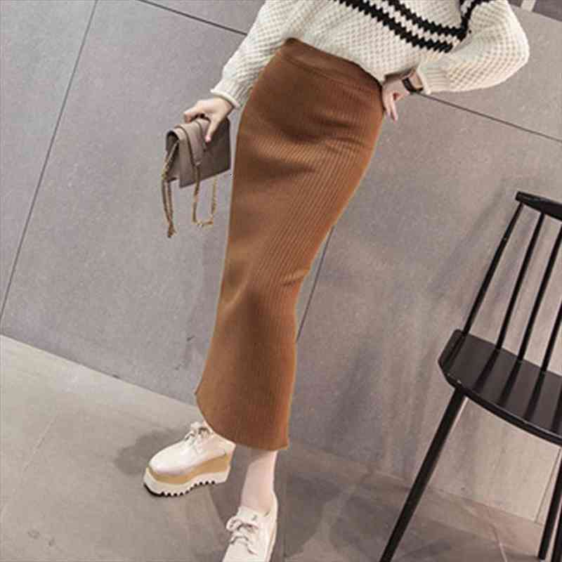 

Korean Autumn Winter Knitting Skirt High Waist Ol Long Pencil Skirt Women Open Slit Knitted Casual Midi Pz1443, Black
