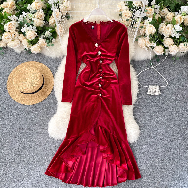 

2021 New Irregular female ruched button neck the line dressed elegant autumn vintage velvet long dress WZHS, Black