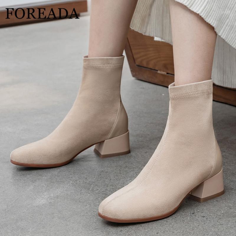 

FOREADA Real Leather Ankle Boots Med Heel Woman Boots Chunky Heel Short Square Toe Ladies Shoes Autumn Winter Apricot 401, Black leather velv