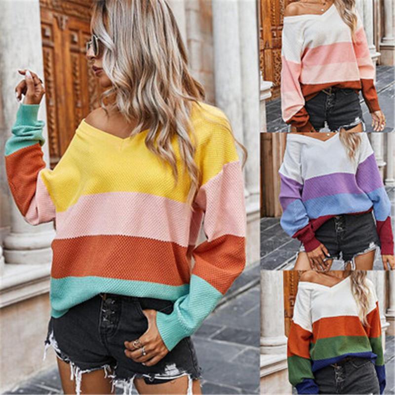 

Ladies Contrast-Color Stripe Sweater Fashion Trend Long Sleeve V Neck Loose Tops Designer Female Autumn New Casual Candy Color Sweaters