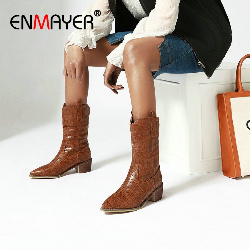 

ENMAYER 2020 Slip-On Mid-Calf Boots Square Heel Winter Boots Women Sexy PU Pointed Toe Short Plush Basic Women Shoes, Black