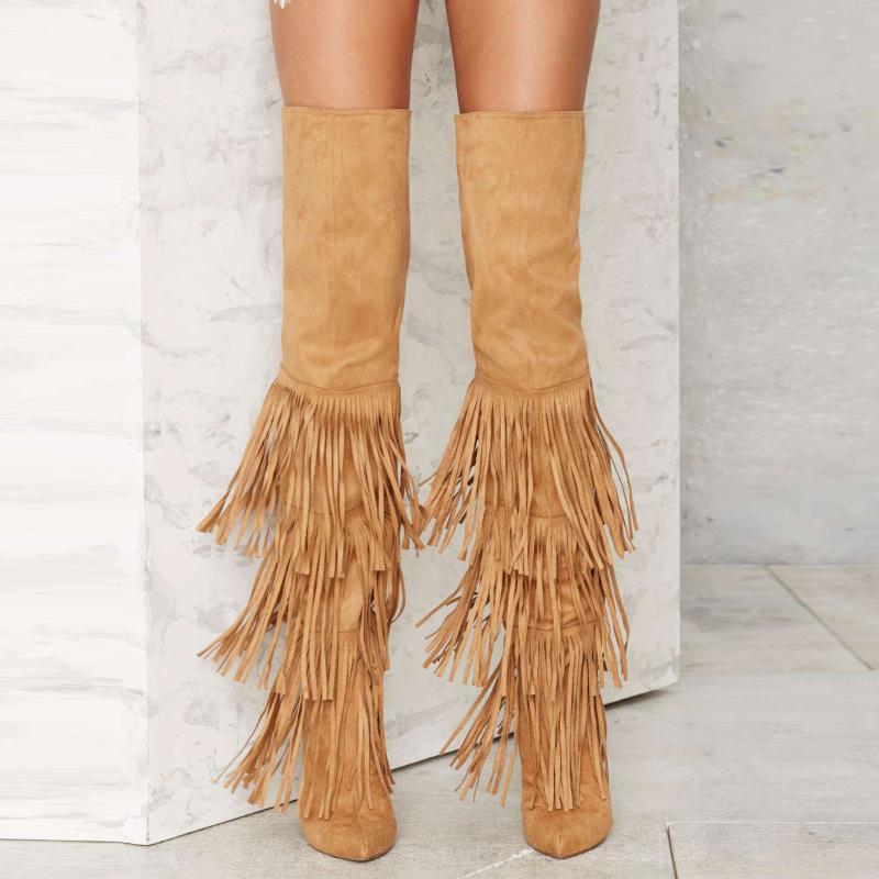 

Autumn Camel Suede Long Fringe Over The Knee Boots Ladies Thin High Heels Pointed Toe Thin Heels Tassel Thigh Boots Knight, As pic