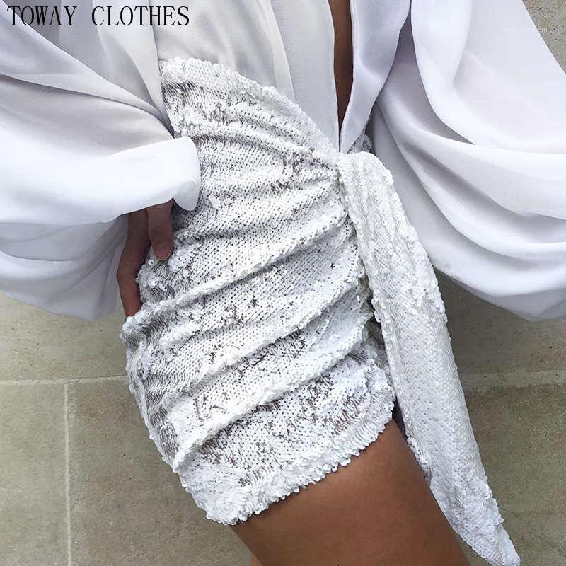 

Tied Waist Ruched Design Black Silver Women Sequin Pencil Skirt Sexy Club Party Bodycon Mini Skirt1, White