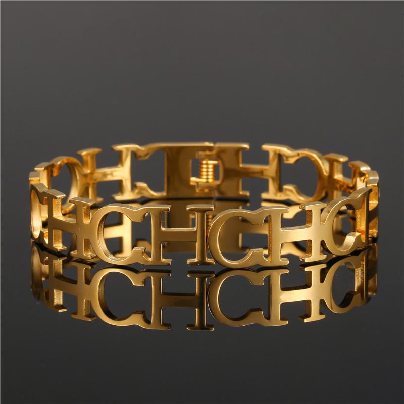 

Bangle Fashion Stainless Steel Hollow CH Letter Opening Cuff Bracelets For Women Men Gold Color Women's Luxury Jewelry