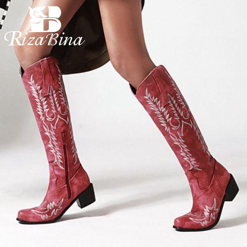 

RIZABINA New Knee High Boots For Women Round Toe Embroidery Thick Heels Shoes Zipper Winter Warm Women Footwear Size 33-451, Black