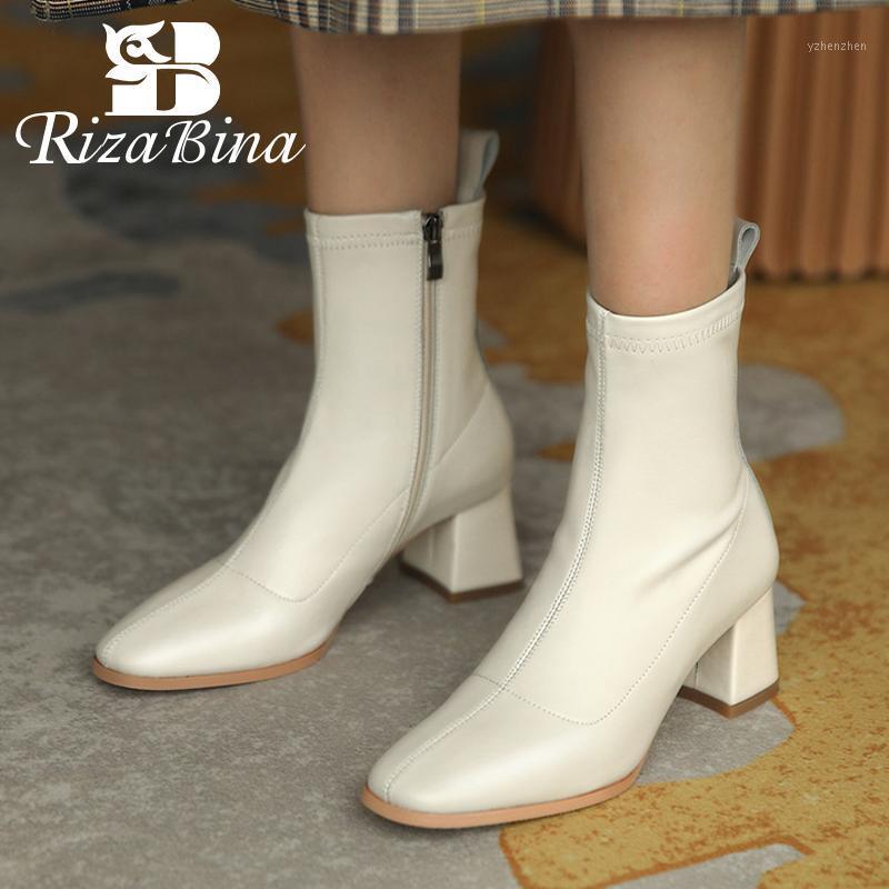 

Boots RIZABINA Real Leather Women Ankle Thick Heel Zipper Shoes Square Toe Winter Warm Fashion Footwear Size 33-401, White 1