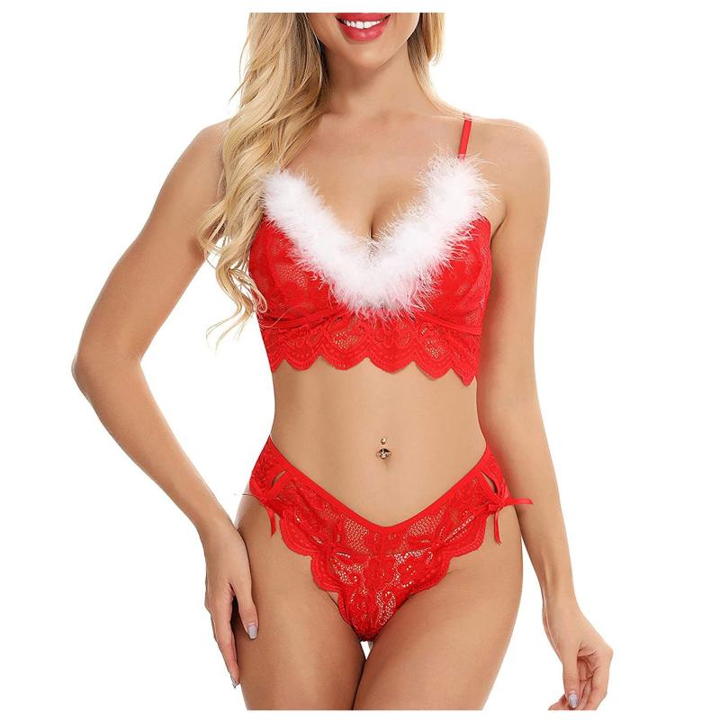 

Christmas Women Bra Set Lace Feather Nightwear Sexy Underwear Suit Temptation Thong Lingerie Sleepwear Nachtkleding vrouwen, Red