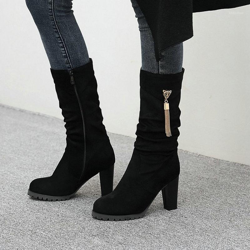 

ZawsThia flock faux suede boots for woman pleated winter mid-calf booties for women elegant ladies high heels boots size 33-481, Beige