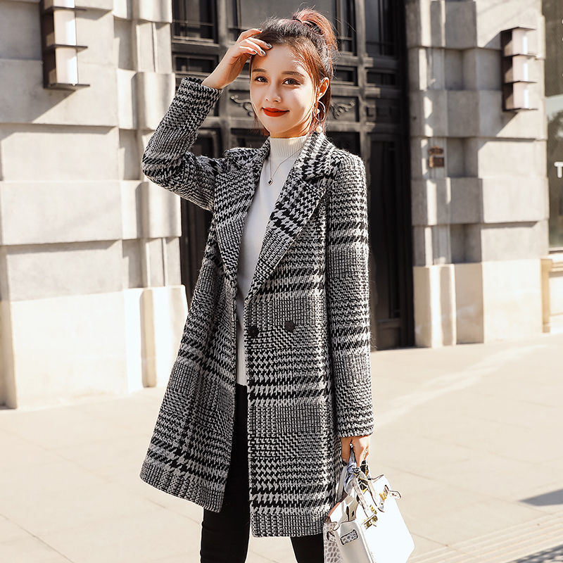 

2021 New Mulher Xadrez De  Fino Moda Outono Inverno Houndstooth Jaqueta Qki2, Plaid